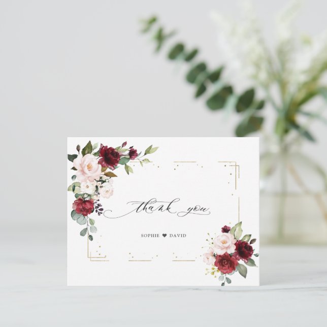 Cartão De Agradecimento Casamento Dourado de Frame Luminoso com Flores Ros (Em pé/Frente)
