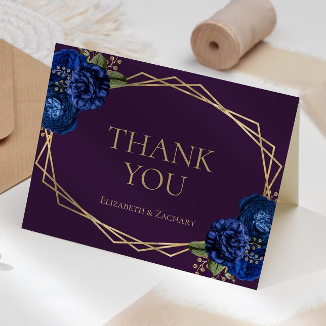 Cartão De Agradecimento Casamento Dourado de Geo Purple Royal Blue Floral (Criador carregado)