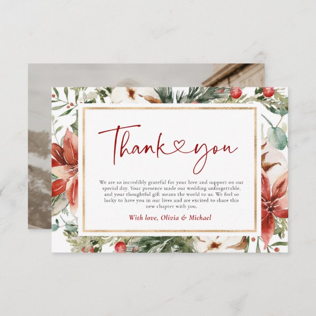 Cartão De Agradecimento Casamento Dourado de inverno Vermelho Verde (Frente/Verso)