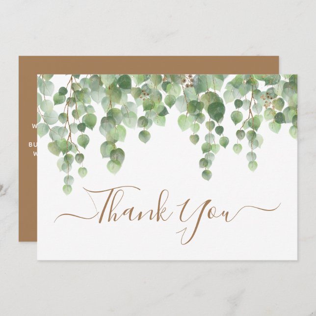 Cartão De Agradecimento Casamento Dourado de Manuscrito Verde Eucalyptus W (Frente/Verso)