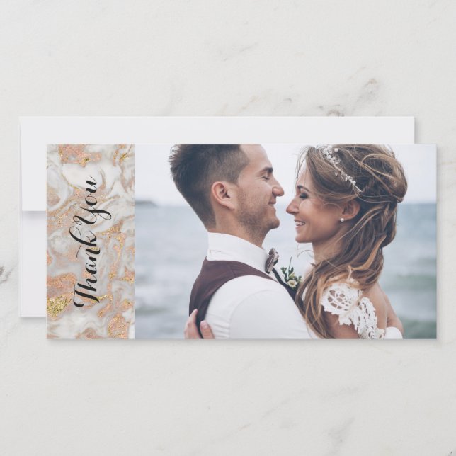 Cartão De Agradecimento Casamento Dourado de Marble, Rosa Moderno, Obrigad (Frente)