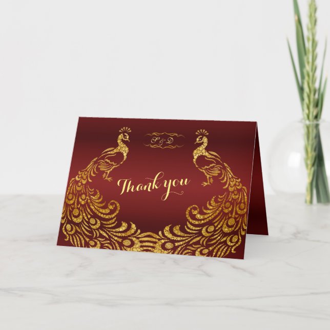 Cartão De Agradecimento Casamento Dourado de Peacock Real Burgundy OBRIGAD (Frente)