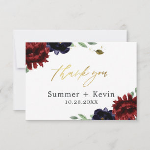 Cartão De Agradecimento Casamento Dourado de Peony Marinho Burgundy Obriga