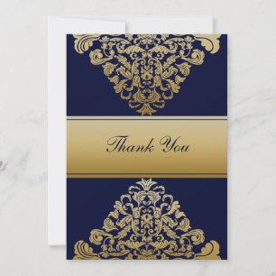 Cartão De Agradecimento Casamento Dourado do Marinho de Filigree Elegante