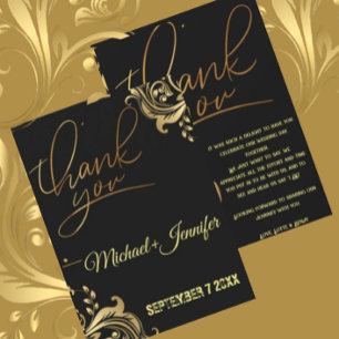 Cartão De Agradecimento Casamento Dourado E Preto Elegante