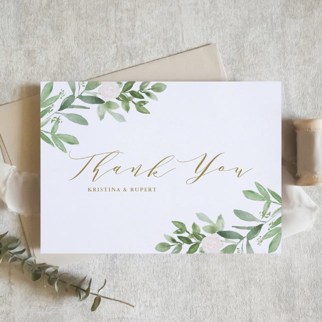 Cartão De Agradecimento Casamento Dourado entre Elegante Greenery e Flores (Criador carregado)