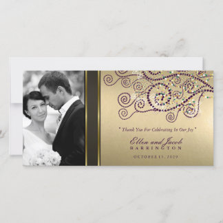 Cartão De Agradecimento Casamento Dourado entre espíritos roxos Elegante,