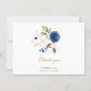 Cartão De Agradecimento Casamento Dourado Floral Azul De Luxo Obrigado