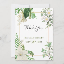 Cartão De Agradecimento Casamento Dourado Floral de Cor Verde Branca Rústi