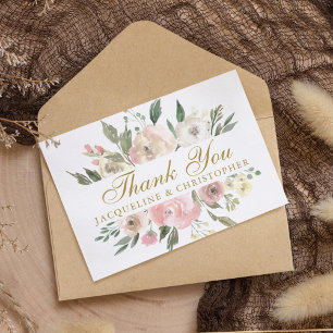 Cartão De Agradecimento Casamento Dourado Floral Elegante Blush Rosa