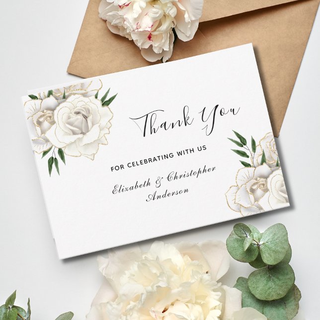 Cartão De Agradecimento Casamento Dourado Floral Elegante de Rosa Branca (White Roses Gold Trim Elegant Classic Formal Traditional Wedding Thank you card)