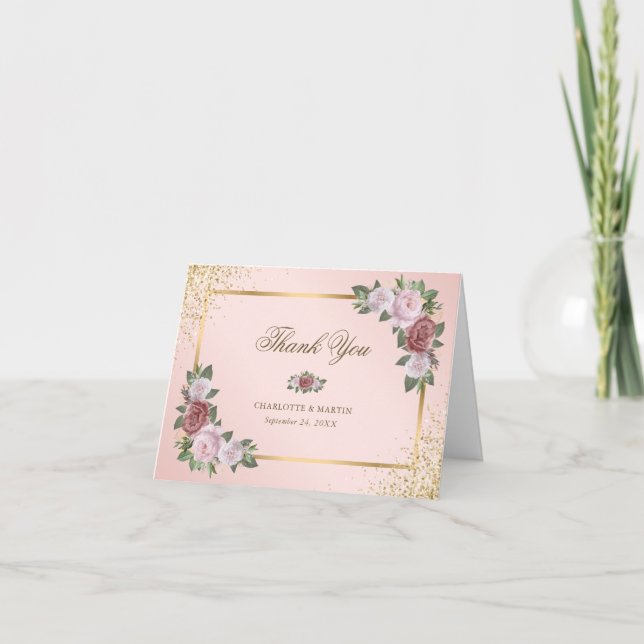 Cartão De Agradecimento Casamento Dourado Floral Rosa-Blush Elegante (Frente)