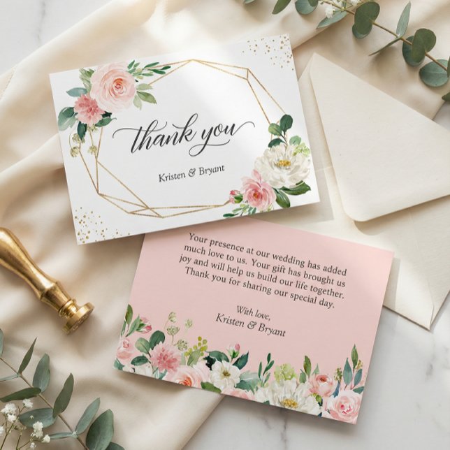 Cartão De Agradecimento Casamento Dourado Geométrico Moderno Blush Floral (Criador carregado)