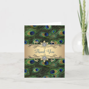 Cartão De Agradecimento Casamento Dourado Real de Peacock Indiano Emerald