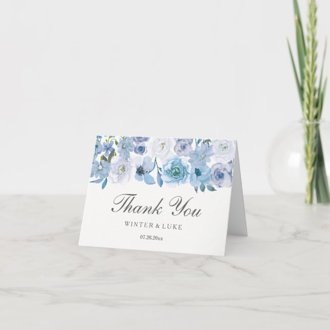 Cartão De Agradecimento Casamento Dusty Blue Floral Watercolor (Frente)