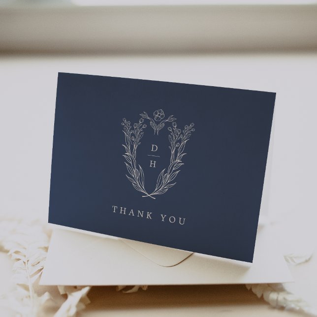 Cartão De Agradecimento Casamento Elegante Azul Escuro Mínimo DAPHNE Dobra (DAPHNE Folded Minimal Dark Blue Elegant Wedding Thank You Card)