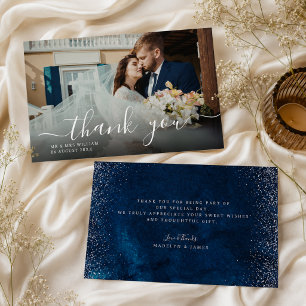 Cartão De Agradecimento Casamento Elegante Azul Marinho com Brilho Pratead