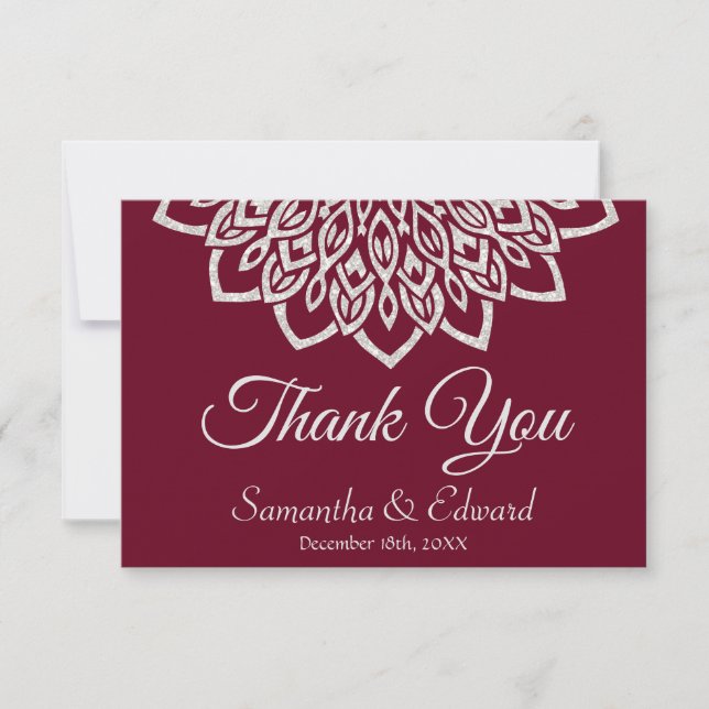 Cartão De Agradecimento Casamento Elegante Burgundy Silver Mandala (Frente)
