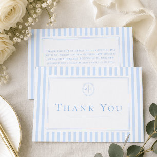 Cartão De Agradecimento Casamento Elegante Clássico com Listra Azul e Mono