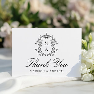 Cartão De Agradecimento Casamento Elegante com Crista de Monograma em Chin