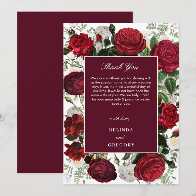 Cartão De Agradecimento Casamento Elegante De Aquarela Floral Moderna Burg (Frente/Verso)