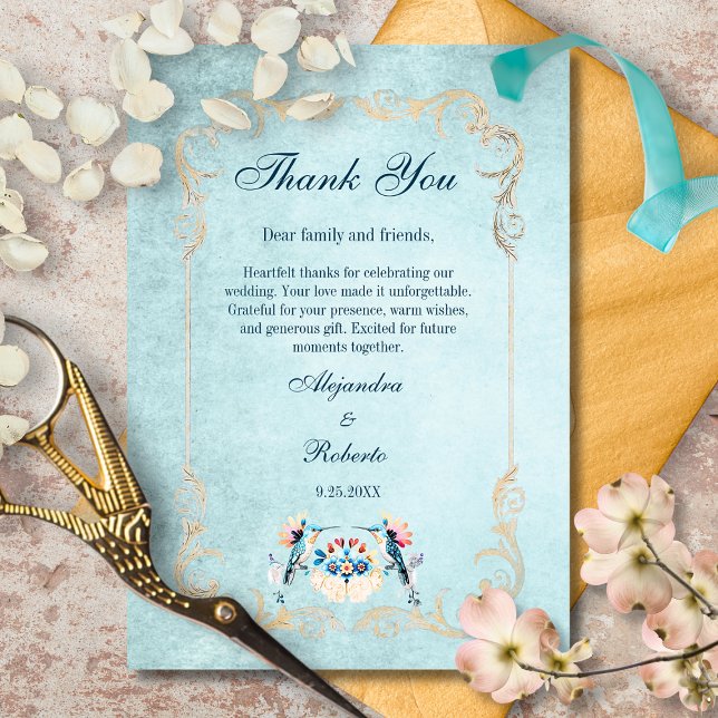 Cartão De Agradecimento Casamento Elegante de Beija Barroco Azul Mexicano (Elegant turquoise thank you card with golden baroque frame and floral hummingbird motif.)