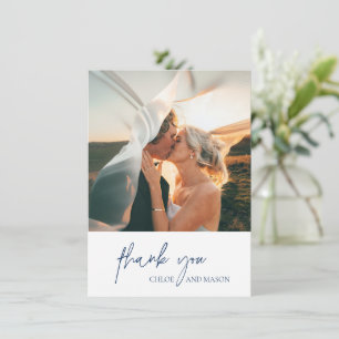 Cartão De Agradecimento Casamento Elegante de Foto Azul do Marinho Clássic