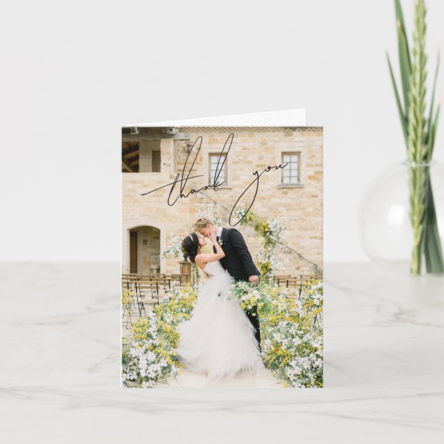 Cartão De Agradecimento Casamento Elegante de Foto Branco e Preto Clássico (Frente)