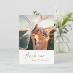 Cartão De Agradecimento Casamento Elegante de Foto Dourada Clássica