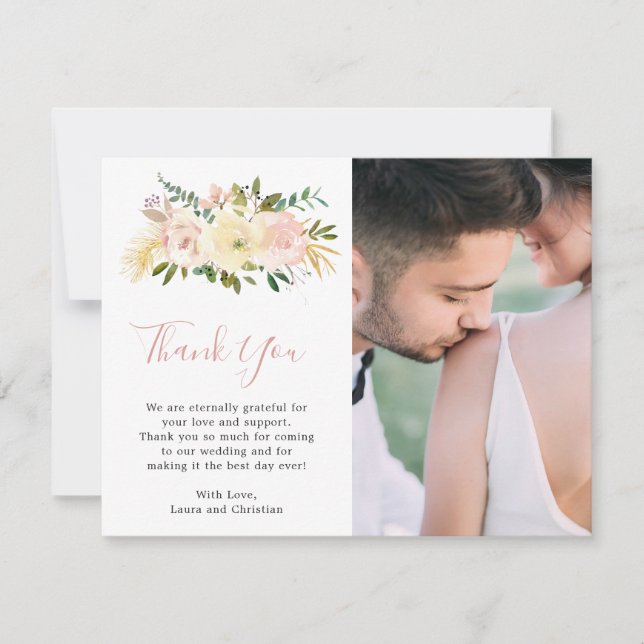 Cartão De Agradecimento Casamento Elegante de Foto Floral Rosa-Blush (Frente)