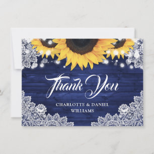 Cartão De Agradecimento Casamento Elegante de Girassol Azul Marinho com Re