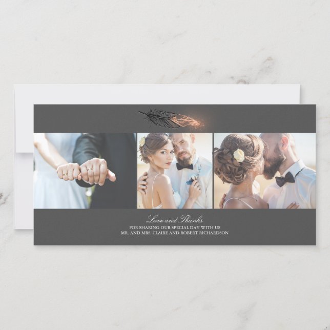 Cartão De Agradecimento Casamento Elegante De Penas De Pé Dourada rosa (Frente)