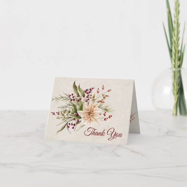 Cartão De Agradecimento Casamento Elegante de Poinsettia & Berries (Frente)