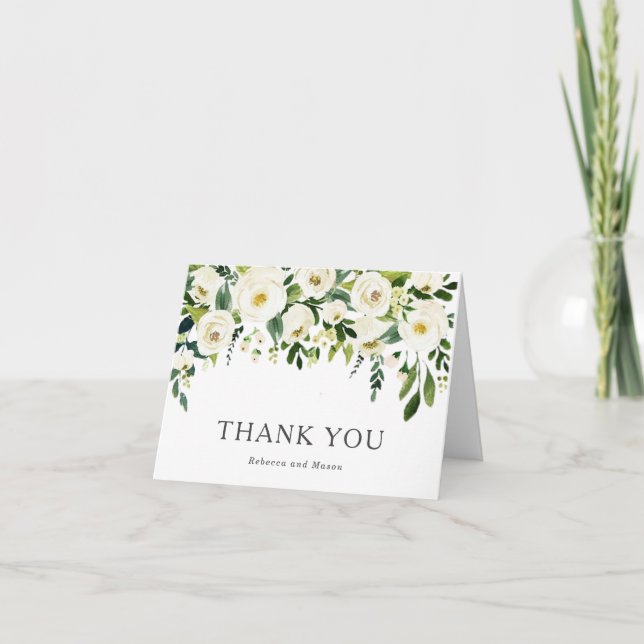 Cartão De Agradecimento Casamento Elegante de Rosas Brancas Greenery Obrig (Frente)