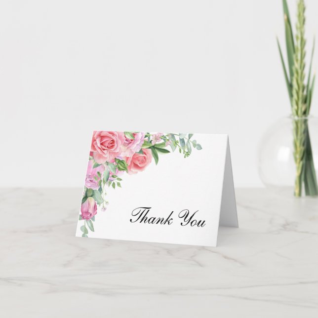 Cartão De Agradecimento Casamento Elegante de Rosas Rosa (Frente)