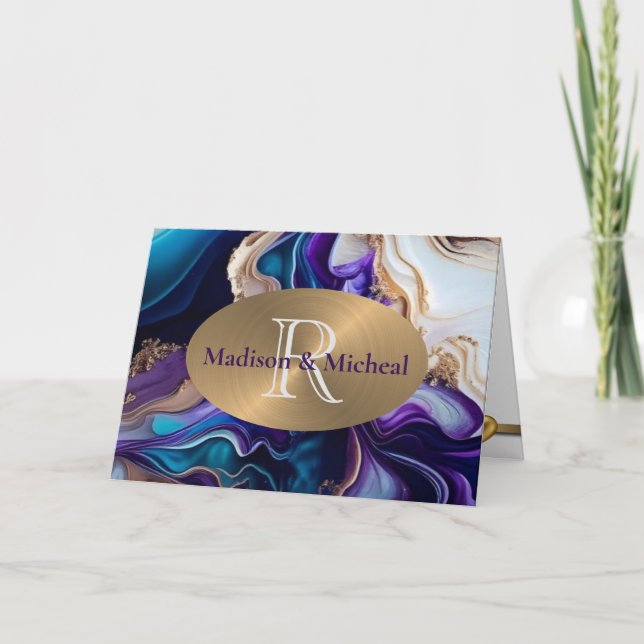 Cartão De Agradecimento Casamento Elegante de Roxo, Dourado e Aqua (Frente)