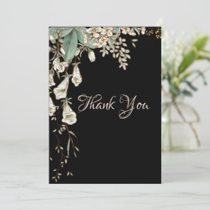 Cartão De Agradecimento Casamento Elegante de Script Garland Preto Floral