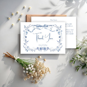 Cartão De Agradecimento Casamento elegante de uma frita floral azul Dusty