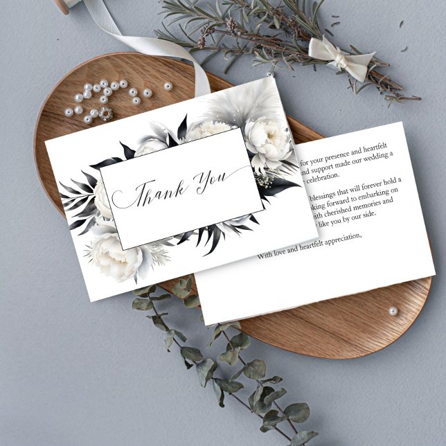 Cartão De Agradecimento Casamento elegante de vassoura branca e negra (Black and white boho flowers pampas grass elegant wedding thank you card)