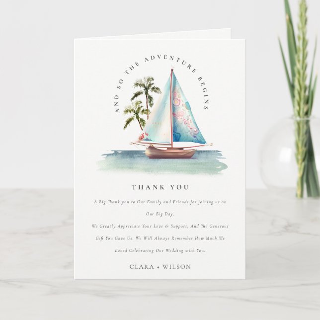 Cartão De Agradecimento Casamento Elegante Dusky Teal Sailboat Palm Seasca (Frente)