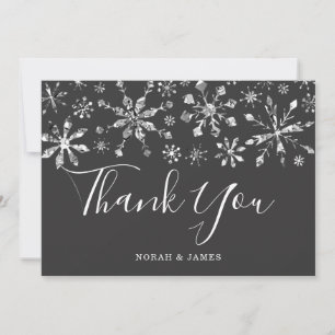 Cartão De Agradecimento Casamento Elegante Floco de Neve Preto Prata