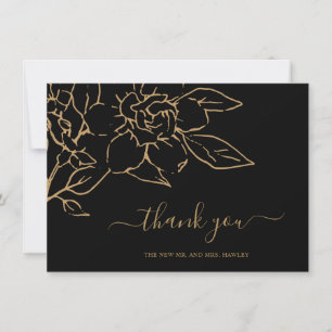 Cartão De Agradecimento Casamento Elegante Floral de Arte LIne Preta e Dou