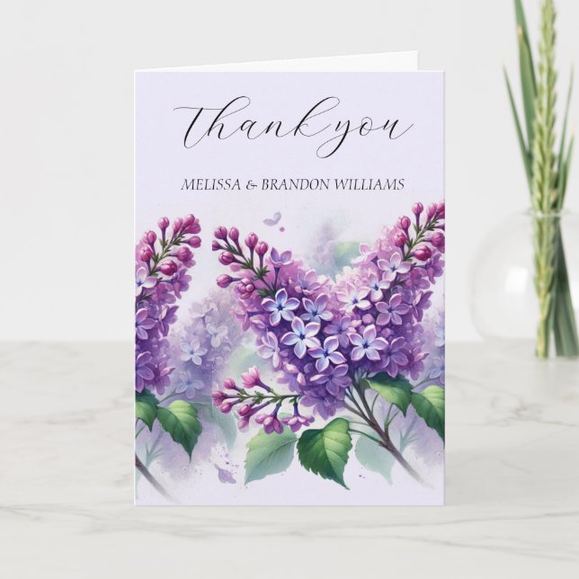 Cartão De Agradecimento Casamento Elegante Floral Púrpura Lilac Obrigado (Frente)