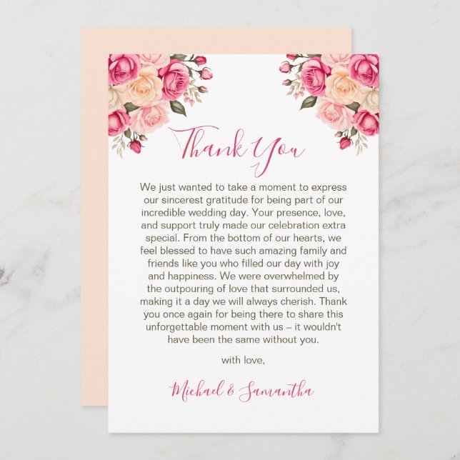 Cartão De Agradecimento Casamento Elegante Fucia Pink e Ivory Rosa (Frente/Verso)