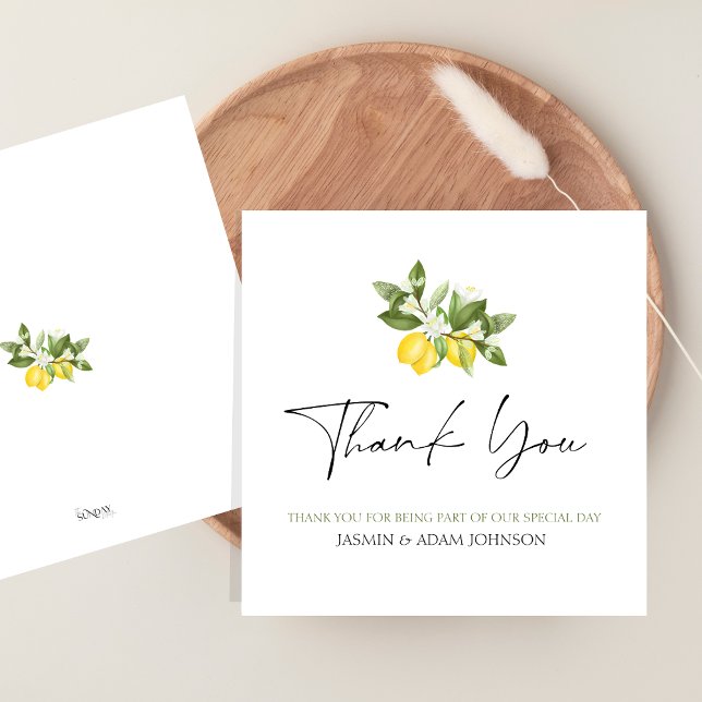 Cartão De Agradecimento Casamento Elegante Lemon Greenery Obrigado (Citrus Lemons and Greenery Summer Fruits Wedding Thank You Card)