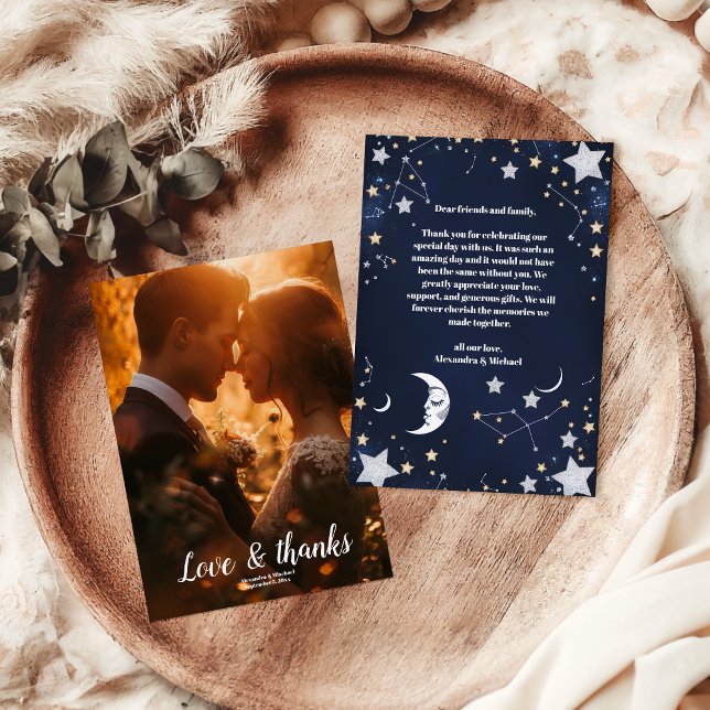 Cartão De Agradecimento Casamento Elegante Lua Crescente Celestial Fotogra (Criador carregado)