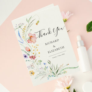 Cartão De Agradecimento Casamento Elegante Mínimo de Flor Selvagem Moderna