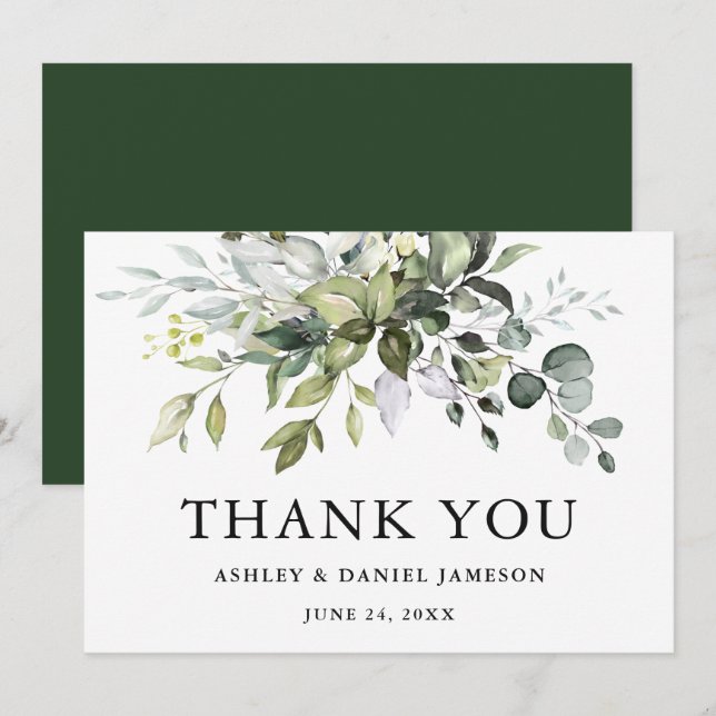 Cartão De Agradecimento Casamento Elegante Moderno de Watercolor Greenery (Frente/Verso)