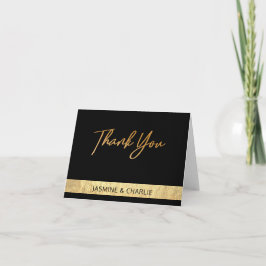 Cartão De Agradecimento Casamento Elegante Moderno Preto e Dourado com Fol