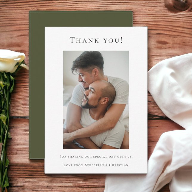 Cartão De Agradecimento Casamento Elegante Obrigado Foto Branco Verde (Elegant Wedding Thank You Green White Personalized Photo cards from Ricaso)